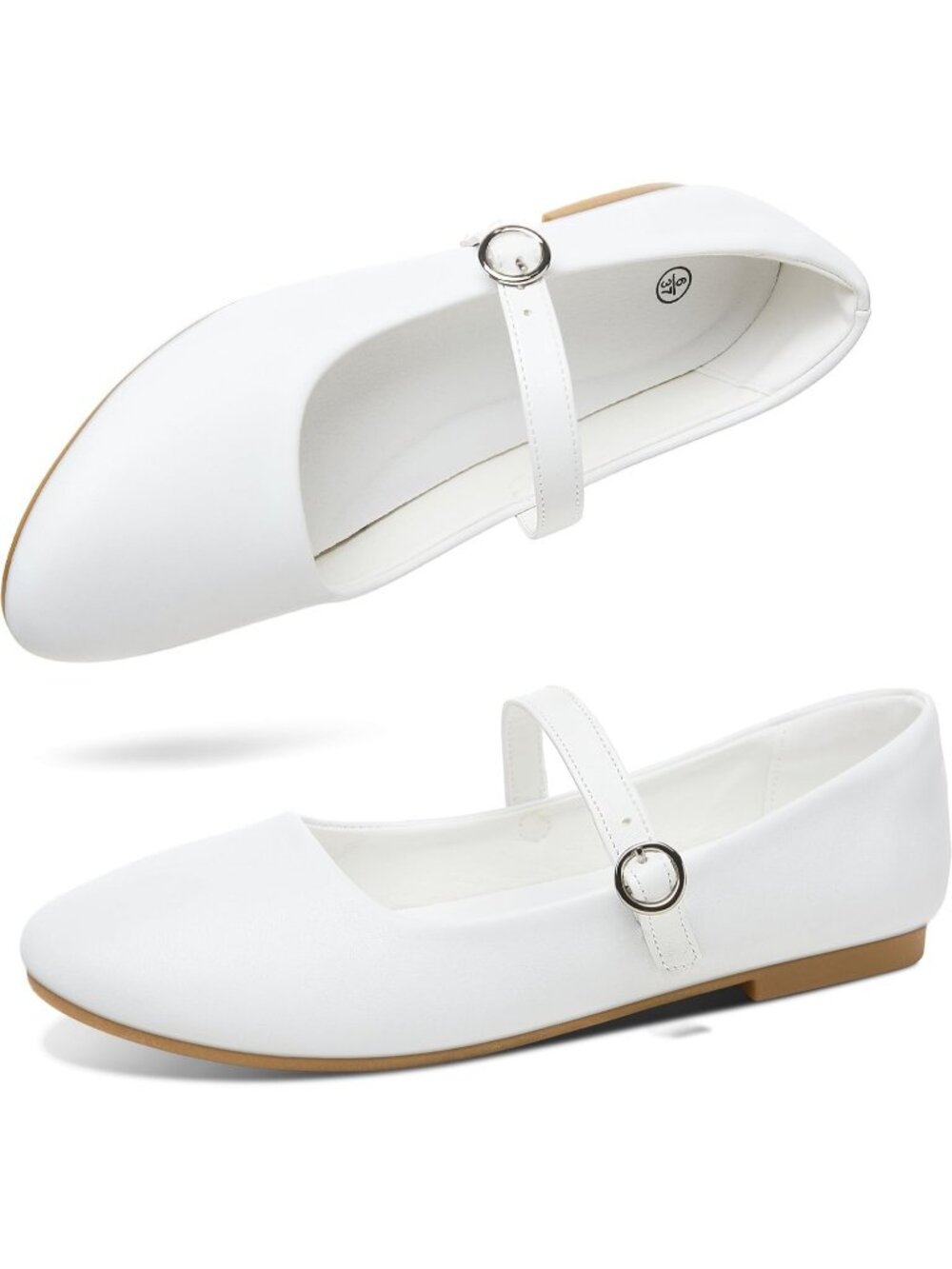 Women's White PU Leather Mary Jane Round Toe Ballet Flats Casual Office Shoes